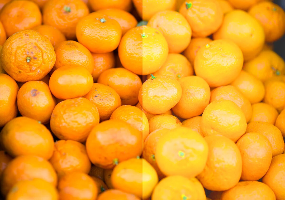 Oranges, compared between the original and Chrome-manipulated CMYK images