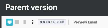 HTML size chip in the editor toolbar showing 9.8 KB of a 48.8 KB limit